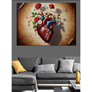 Eski Kağıt Üzerinde Kalp Ve Çiçekler Dekoratif Kanvas - Mdf Ahşap Tablo 100x140 cm