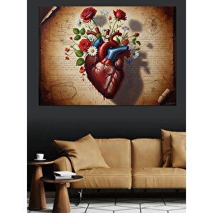 Eski Kağıt Üzerinde Kalp Ve Çiçekler Dekoratif Kanvas - Mdf Ahşap Tablo 100x140 cm