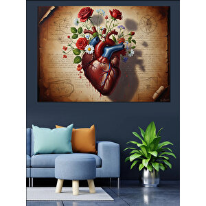 Eski Kağıt Üzerinde Kalp Ve Çiçekler Dekoratif Kanvas - Mdf Ahşap Tablo 100x140 cm
