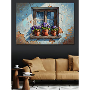 Pencere Kenarında Açan Mor Çiçekler Dekoratif Kanvas - Mdf Ahşap Tablo 70x100 cm