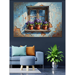 Pencere Kenarında Açan Mor Çiçekler Dekoratif Kanvas - Mdf Ahşap Tablo 70x100 cm