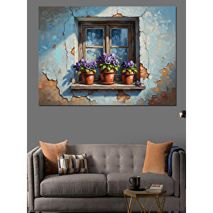 Pencere Kenarında Açan Mor Çiçekler Dekoratif Kanvas - Mdf Ahşap Tablo 70x100 cm