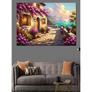 Çiçekli Balkonlu Akdeniz Evi Manzarası Dekoratif Kanvas - Mdf Ahşap Tablo 100x140 cm