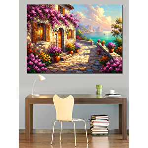 Çiçekli Balkonlu Akdeniz Evi Manzarası Dekoratif Kanvas - Mdf Ahşap Tablo 100x140 cm