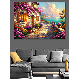 Çiçekli Balkonlu Akdeniz Evi Manzarası Dekoratif Kanvas - Mdf Ahşap Tablo 100x140 cm