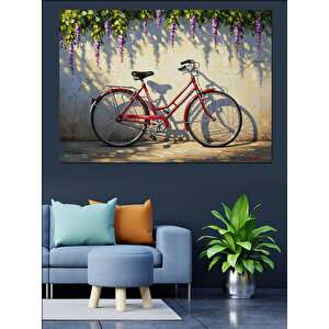 Çiçekli Duvar Yanında Bisiklet Dekoratif Kanvas - Mdf Ahşap Tablo 50x70 cm