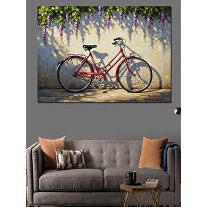 Çiçekli Duvar Yanında Bisiklet Dekoratif Kanvas - Mdf Ahşap Tablo 50x70 cm