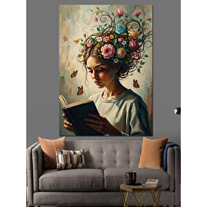 Kafası Çiçeklerle Dolu Kadın Profili Dekoratif Kanvas - Mdf Ahşap Tablo 100x140 cm