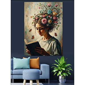Kafası Çiçeklerle Dolu Kadın Profili Dekoratif Kanvas - Mdf Ahşap Tablo 100x140 cm