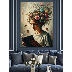 Kafası Çiçeklerle Dolu Kadın Profili Dekoratif Kanvas - Mdf Ahşap Tablo 100x140 cm