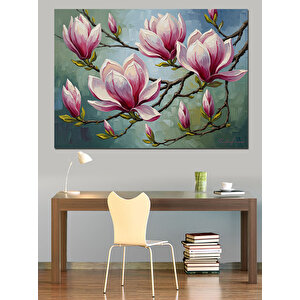 Pembe Manolya Çiçekleri Zarif Dal Dekoratif Kanvas - Mdf Ahşap Tablo 70x100 cm