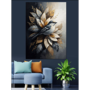 Dalda Ötücü Kuş Ve Beyaz Çiçekler Dekoratif Kanvas - Mdf Ahşap Tablo 50x70 cm