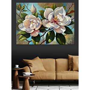 Beyaz Manolya Çiçekleri Zarif Dal Dekoratif Kanvas - Mdf Ahşap Tablo 100x140 cm