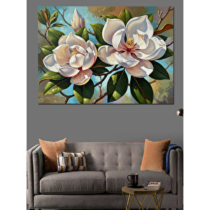 Beyaz Manolya Çiçekleri Zarif Dal Dekoratif Kanvas - Mdf Ahşap Tablo 100x140 cm