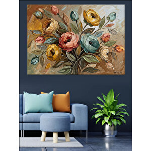 Vazoda Renkli Karışık Bahar Çiçekleri Dekoratif Kanvas - Mdf Ahşap Tablo 70x100 cm