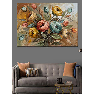 Vazoda Renkli Karışık Bahar Çiçekleri Dekoratif Kanvas - Mdf Ahşap Tablo 70x100 cm