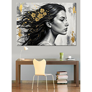 Altın Çiçekli Modern Kadın Portresi Dekoratif Kanvas - Mdf Ahşap Tablo 100x140 cm