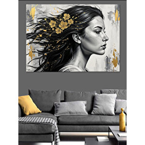 Altın Çiçekli Modern Kadın Portresi Dekoratif Kanvas - Mdf Ahşap Tablo 100x140 cm