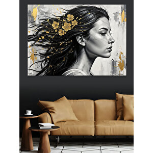 Altın Çiçekli Modern Kadın Portresi Dekoratif Kanvas - Mdf Ahşap Tablo 100x140 cm