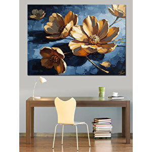 Parlayan Büyük Altın Çiçekler Dekoratif Kanvas - Mdf Ahşap Tablo 70x100 cm
