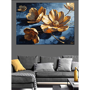 Parlayan Büyük Altın Çiçekler Dekoratif Kanvas - Mdf Ahşap Tablo 70x100 cm