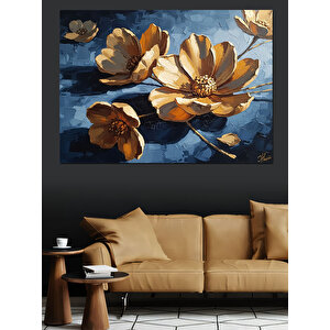 Parlayan Büyük Altın Çiçekler Dekoratif Kanvas - Mdf Ahşap Tablo 70x100 cm