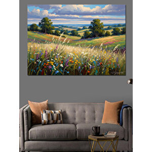 Çiçekli Kır Bahçesi Ve Dağlar Dekoratif Kanvas - Mdf Ahşap Tablo 100x140 cm