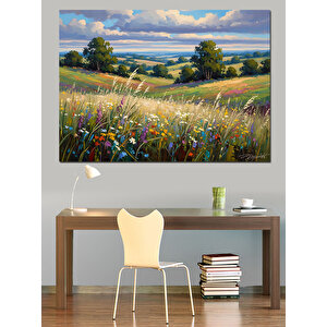 Çiçekli Kır Bahçesi Ve Dağlar Dekoratif Kanvas - Mdf Ahşap Tablo 100x140 cm