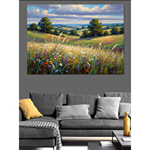 Çiçekli Kır Bahçesi Ve Dağlar Dekoratif Kanvas - Mdf Ahşap Tablo 100x140 cm