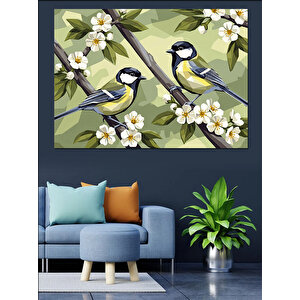 Çiçekli Dalda Duran İki Kuş Dekoratif Kanvas - Mdf Ahşap Tablo 70x100 cm