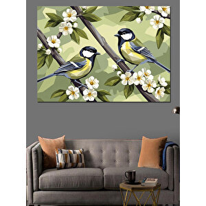 Çiçekli Dalda Duran İki Kuş Dekoratif Kanvas - Mdf Ahşap Tablo 70x100 cm