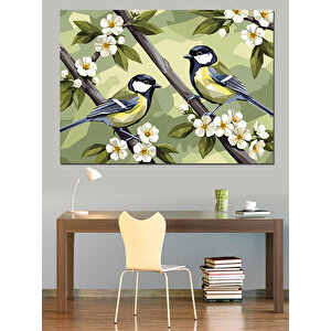Çiçekli Dalda Duran İki Kuş Dekoratif Kanvas - Mdf Ahşap Tablo 70x100 cm