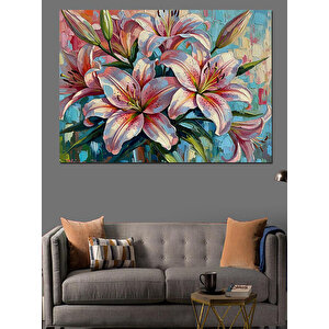 Vazo İçinde Renkli Zambak Çiçekleri Dekoratif Kanvas - Mdf Ahşap Tablo 100x140 cm