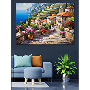 Sahil Kasabası Ve Çiçekli Yollar Dekoratif Kanvas - Mdf Ahşap Tablo 100x140 cm