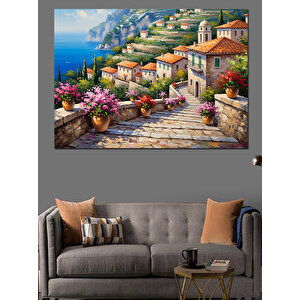 Sahil Kasabası Ve Çiçekli Yollar Dekoratif Kanvas - Mdf Ahşap Tablo 100x140 cm