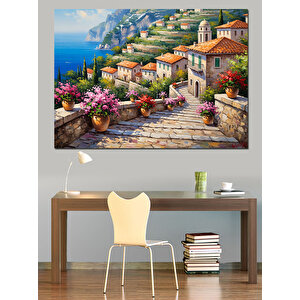 Sahil Kasabası Ve Çiçekli Yollar Dekoratif Kanvas - Mdf Ahşap Tablo 100x140 cm