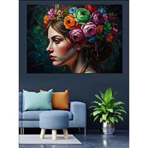 Renkli Çiçekli Taçlı Kadın Portresi Dekoratif Kanvas - Mdf Ahşap Tablo 50x70 cm