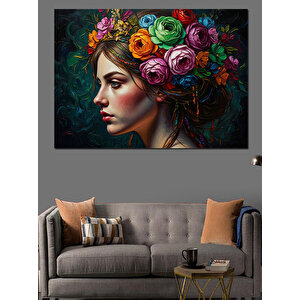 Renkli Çiçekli Taçlı Kadın Portresi Dekoratif Kanvas - Mdf Ahşap Tablo 50x70 cm