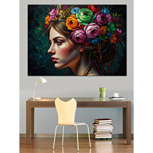Renkli Çiçekli Taçlı Kadın Portresi Dekoratif Kanvas - Mdf Ahşap Tablo 50x70 cm