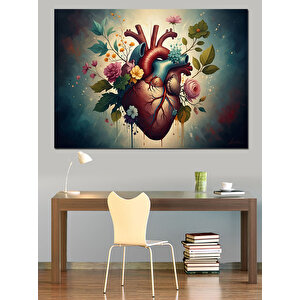 Çiçeklerle Bezenmiş İnsan Kalbi Tablosu Dekoratif Kanvas - Mdf Ahşap Tablo 100x140 cm