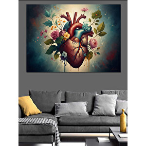 Çiçeklerle Bezenmiş İnsan Kalbi Tablosu Dekoratif Kanvas - Mdf Ahşap Tablo 100x140 cm