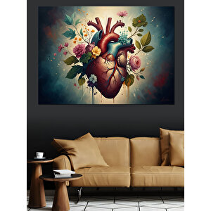 Çiçeklerle Bezenmiş İnsan Kalbi Tablosu Dekoratif Kanvas - Mdf Ahşap Tablo 100x140 cm