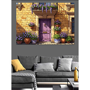 Mor Kapılı Çiçekli Tarihi Ev Dekoratif Kanvas - Mdf Ahşap Tablo 70x100 cm