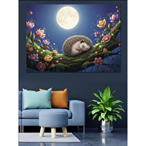 Çiçekli Dalda Uyuyan Tatlı Kirpi Dekoratif Kanvas - Mdf Ahşap Tablo 50x70 cm