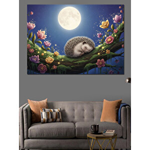 Çiçekli Dalda Uyuyan Tatlı Kirpi Dekoratif Kanvas - Mdf Ahşap Tablo 50x70 cm