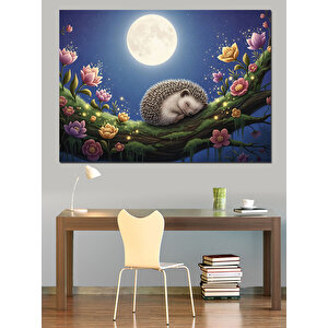 Çiçekli Dalda Uyuyan Tatlı Kirpi Dekoratif Kanvas - Mdf Ahşap Tablo 50x70 cm