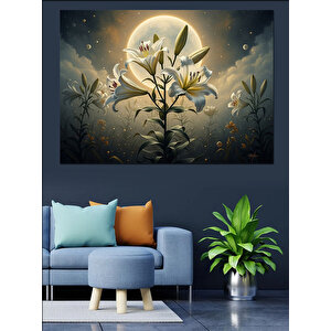 Ay Işığında Açan Beyaz Çiçekler Dekoratif Kanvas - Mdf Ahşap Tablo 50x70 cm