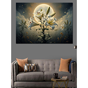 Ay Işığında Açan Beyaz Çiçekler Dekoratif Kanvas - Mdf Ahşap Tablo 50x70 cm
