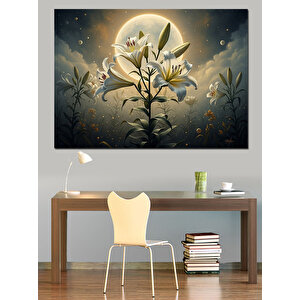 Ay Işığında Açan Beyaz Çiçekler Dekoratif Kanvas - Mdf Ahşap Tablo 50x70 cm
