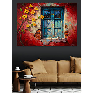 Çiçekli Duvar Ve Mavi Pencere Dekoratif Kanvas - Mdf Ahşap Tablo 50x70 cm